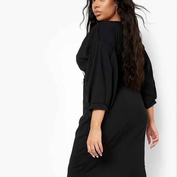 Missguided plus black long sleeve wrap belted midi dress size 18 NWT - Picture 3 of 12